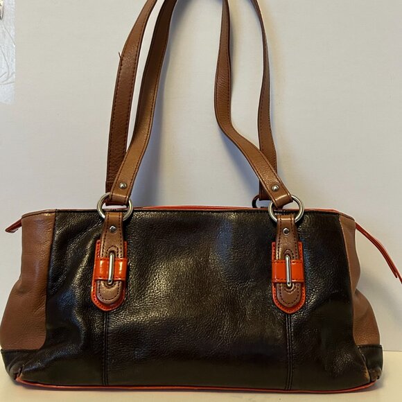 - La Diva Patent  Leather Orange Brown Color Block Handbag, The East/West … - Picture 3 of 17